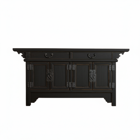 Chinese Distressed Black Scroll Accent Low Sideboard Console Table Cabinet ws4758S