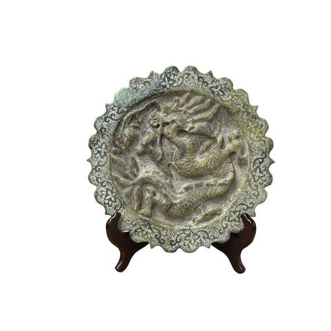 Green Gray Stone Dragon Carving Round Fengshui Plaque Display Art ws4761S