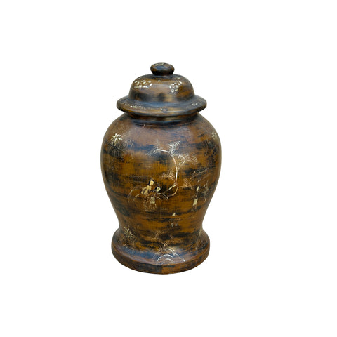 Chinese Distressed Brown Lacquer Golden Scenery Wood Temple Jar ws4763S