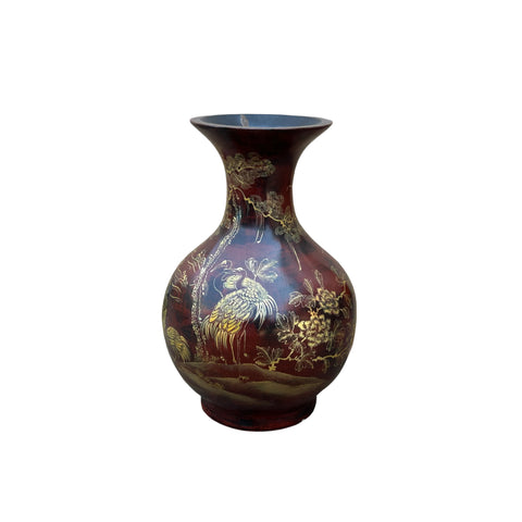 Chinese Brown Lacquer Golden Scenery Decorative Wood Vase Art ws4764S