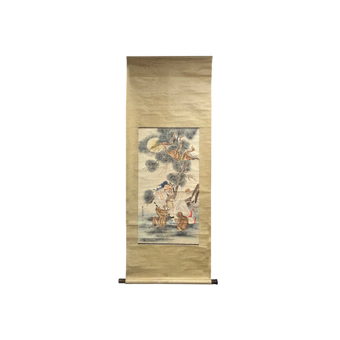 Oriental Scholar Monkeys Ink Brush Color Scroll Painting Wall Art ws4781S