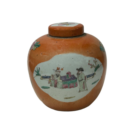 Oriental Orange Base People Graphic Porcelain Round Jar ws4784S