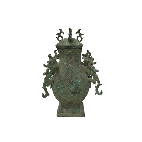 Green Gray Metal Carved Ritual Fengshui Vessel Display Art ws4785S