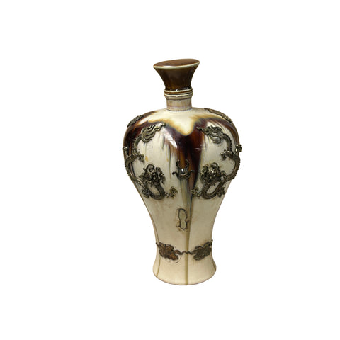 Oriental Silver Color Metal Dragons Motif Ceramic Jar Vase Art ws4801S