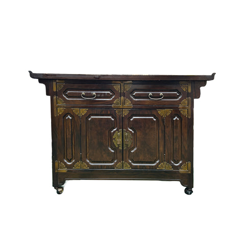 Dark Brown Vintage Point Edge Characters Engraved Top Credenza Cabinet ws4804S