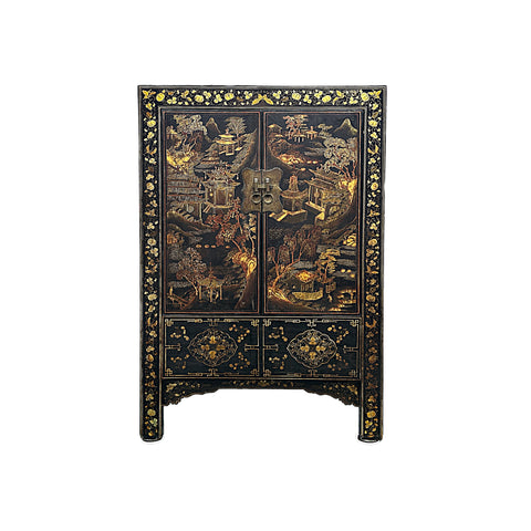 Vintage Chinese Black Golden Scenery Storage Armoire Wardrobe Cabinet ws4807S