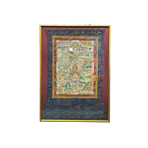 Tibetan Handpainted Fabric Trim Mountains of Buddhas Thangka Framed Art ws4808S