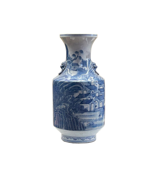 Vintage Chinese Blue White Scenery Graphic Porcelain Art Vase