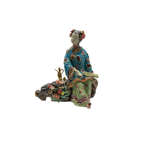Chinese Porcelain Qing Style Dressing Drinking Tea Lady Figure ws4842S