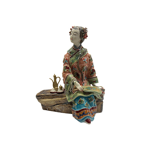 Chinese Porcelain Qing Style Dressing Drinking Tea Lady Figure ws4843S