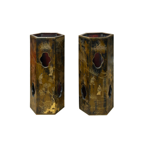 Pair Chinese Matte Gold Scenery Hexagonal Display Wood Brush Pots ws4856S
