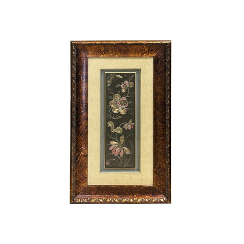 Vintage Chinese Floral Embroidery Fabric Piece Framed Wall Art ws4867S