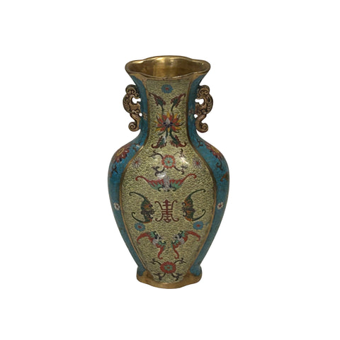 Vintage Cloisonné Vase Dragon Handles and Chinese Floral Motifs - Turquoise Decor ws4891S