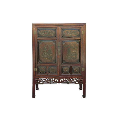 Vintage Chinese Brown Flower Vase Graphic Old Fashion Storage Cabinet ws4896S