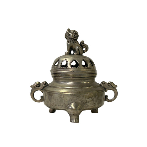 Vintage Silver Pewter Color Metal Foo Dog Ding Shape Incense Holder ws4897S
