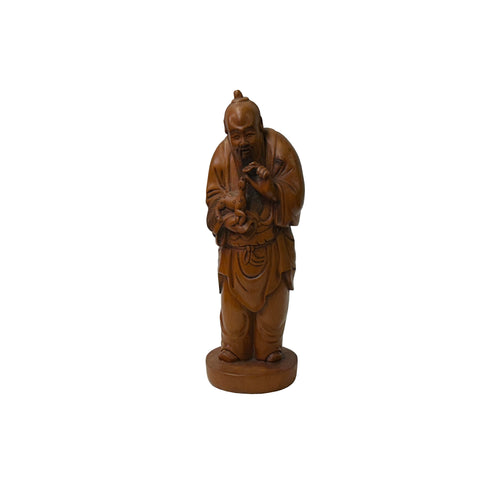 Chinese Boxwood Longevity Goddess Holding Baby Deer Statue ws4898S