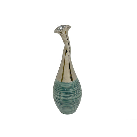 Teal Green Metallic Silver Glaze Narrow Neck Ceramic Art Vase ws4907S