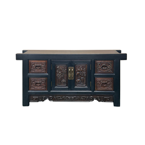 Vintage Chinese Black Brown Relief Carving Low Console Table Credenza ws4925S