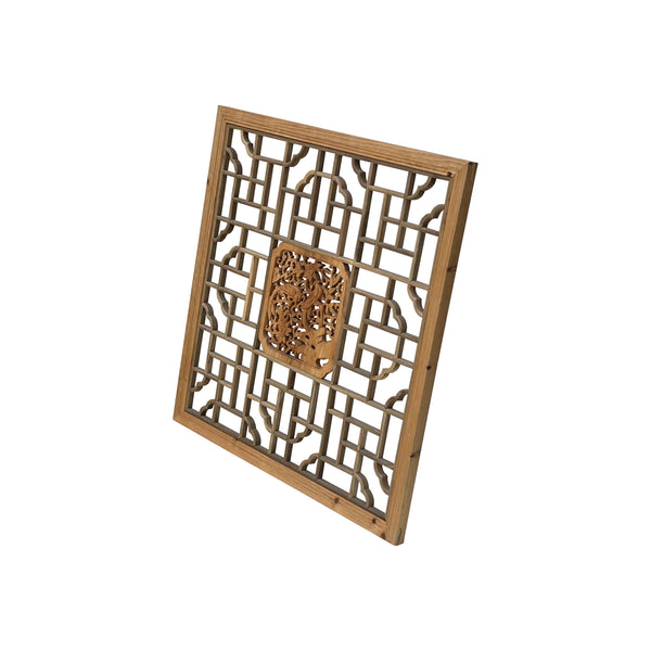 唯木工房 Square Flower Birds Geometric Lattice Raw Wood Wall Plaque Panel