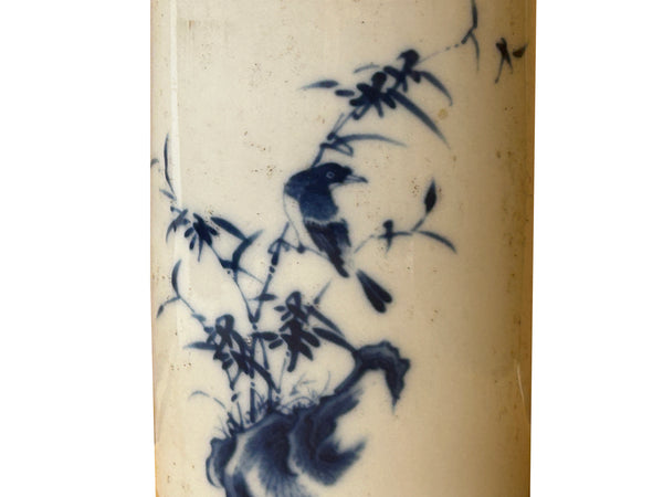 Chinese Distressed White Porcelain Blue Flower Bird Graphic Holder