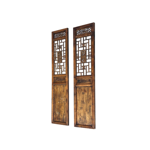 Pair Vintage Tall Flower Bird Geometric Pattern Raw Wood Door Panels cs7830S