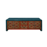 Chinese Tibetan Teal Blue Orange Floral Graphic Low TV Console Table cs7609S