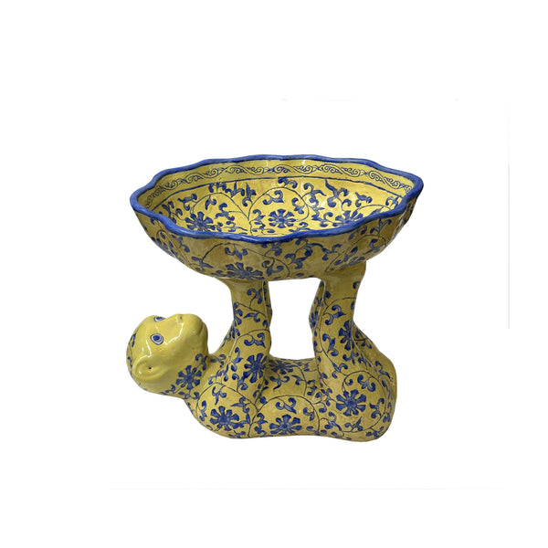 Vintage Oriental Yellow Base Color Blue Flower Monkey Holding Bowl
