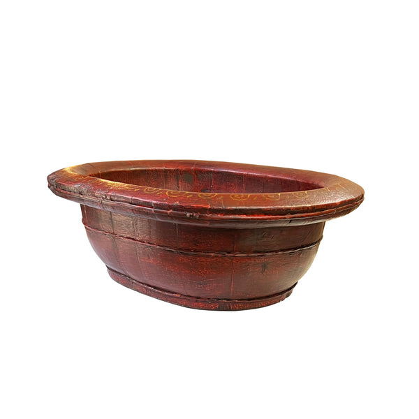 Chinese Vintage Distressed Brick Red Flower Oval Shape Wood Bucket ws3118S Chinese Vintage Distressed Brick Red Flower Oval Shape Wood Bucket ws3118S
