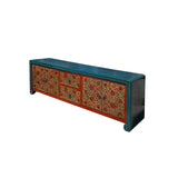 Chinese Tibetan Teal Blue Orange Floral Graphic Low TV Console Table cs7609S