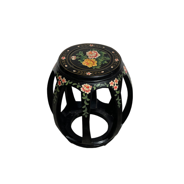 Chinese Black Color Flower Graphic Round Barrel Shape Wood Stool ws3131S