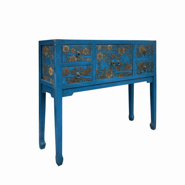 Blue Lacquer Golden Flower Graphic Drawers Slim Foyer Side Table cs7732S