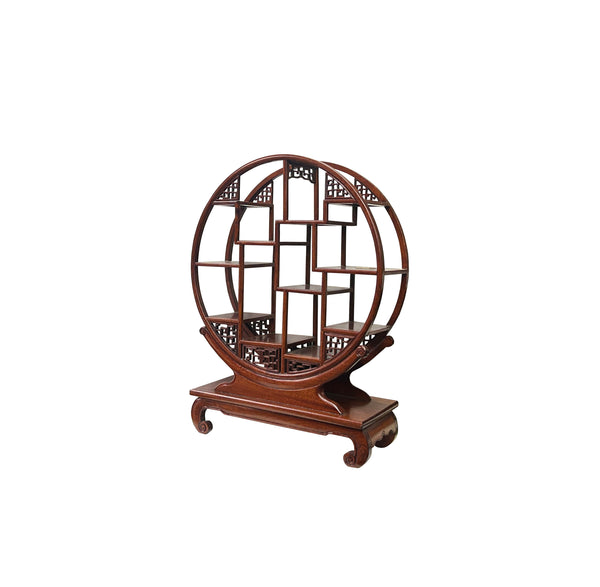 Chinese Wood Light Brown Table Top Round Small Curio Display Stand ws3