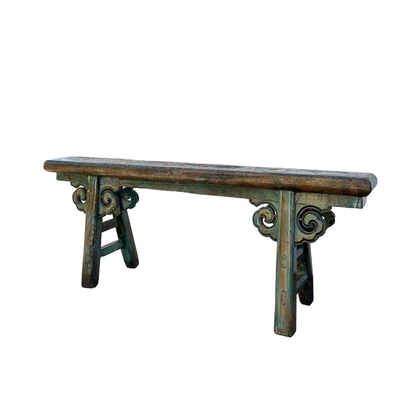 Distressed Brown Teal Blue Village Slim Narrow Scroll Apron Wood Bench ws4537S
