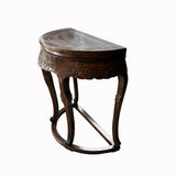 Vintage Chinese Brown Flower Carving Wood Half Round Pedestal Table cs7592S