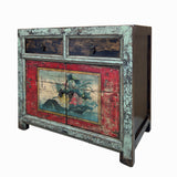 Chinese Distressed Blue Green Red Graphic Sideboard Console Cabinet cs7705S