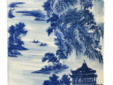 Chinese Blue White Mountain Trees Houses Graphic Porcelain Plaque Art ws4906S
