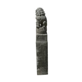 Chinese Pair Gray Stone Fengshui Foo Dogs Lion Slim Pole Statues cs7614S