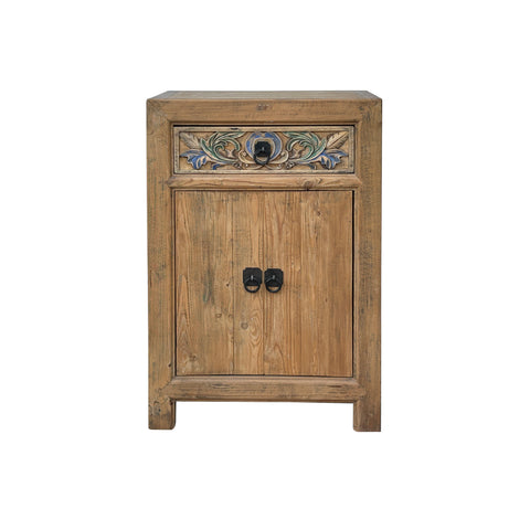 Chinese Rustic Raw Wood Flower Carving Nightstand Side Table Cabinet cs1317S