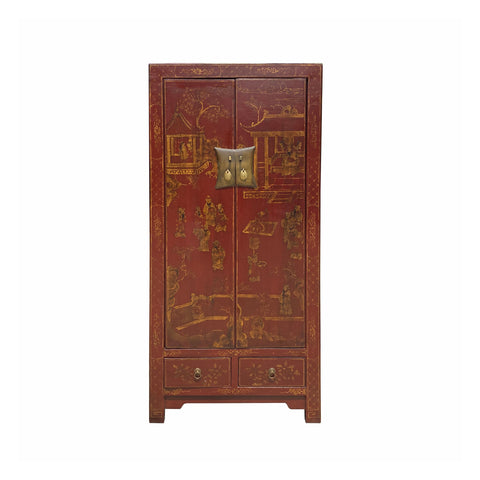 Chinese Vintage Blood Red Golden Scenery Armories Storage Cabinet cs6930S
