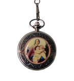 Round Shape Lady & Baby Hugging Painting Chain Pocket Watch