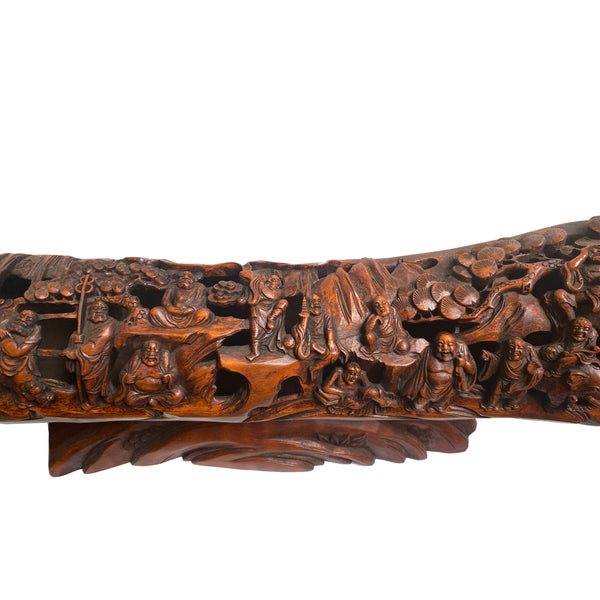 Exquisite Carved Bamboo Curved Boat Depicting the 18 Lohan Arhats ws1391S Exquisite Carved Bamboo Curved Boat Depicting the 18 Lohan Arhats ws1391S
