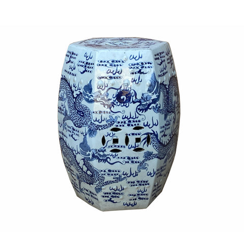 blue white porcelain stool - hexagon porcelain side table - double dragons porcelain stand