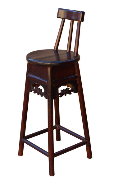 Quality Handmade Chinese Dark Brown Solid Elm Wood Bar Stool With Back wk2592S