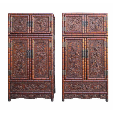 pair carved rosewood tall cabinet