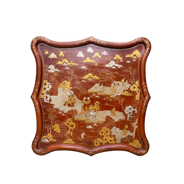 Chinese Brick Red Lacquer Golden Scenery Square Tray Display Art ws1894S