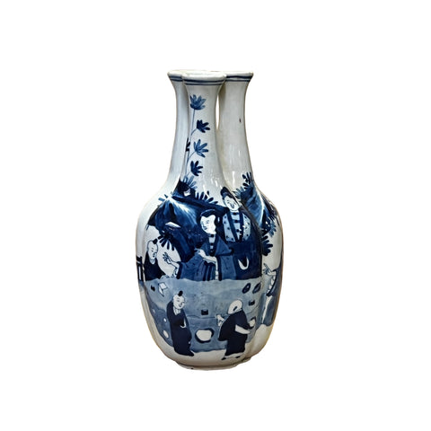 blue white porcelain vase - asian chinese 3 mouths  vase