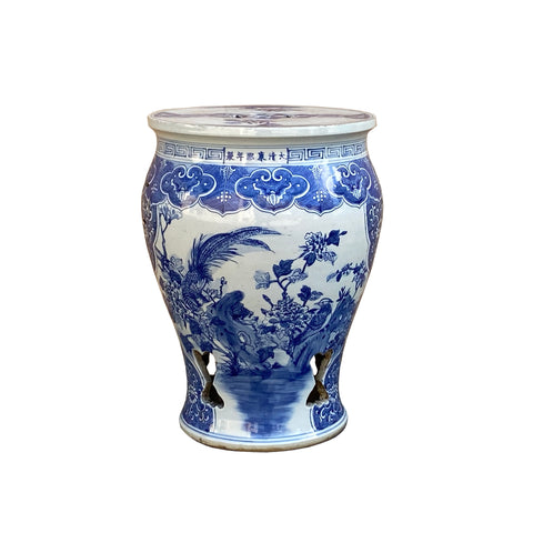 Chinese blue white porcelain round stool - asian flower bird porcelain round table - oriental porcelain side table