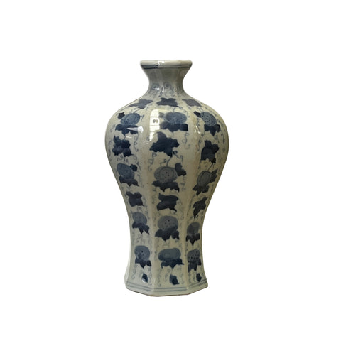 chinese oriental blue white vase - asian fruit graphic octagonal vase