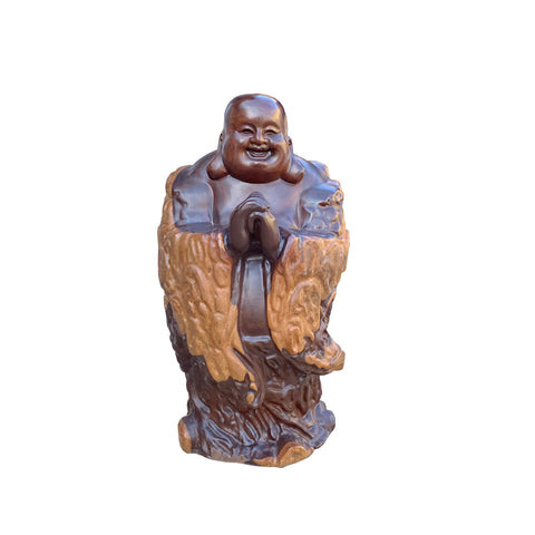 Chinese Happy Buddha statue - jojoba tree stem cared statue