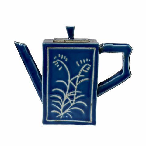 navy blue porcelain teapot art - asian porcelain teapot display - oriental  teapot art